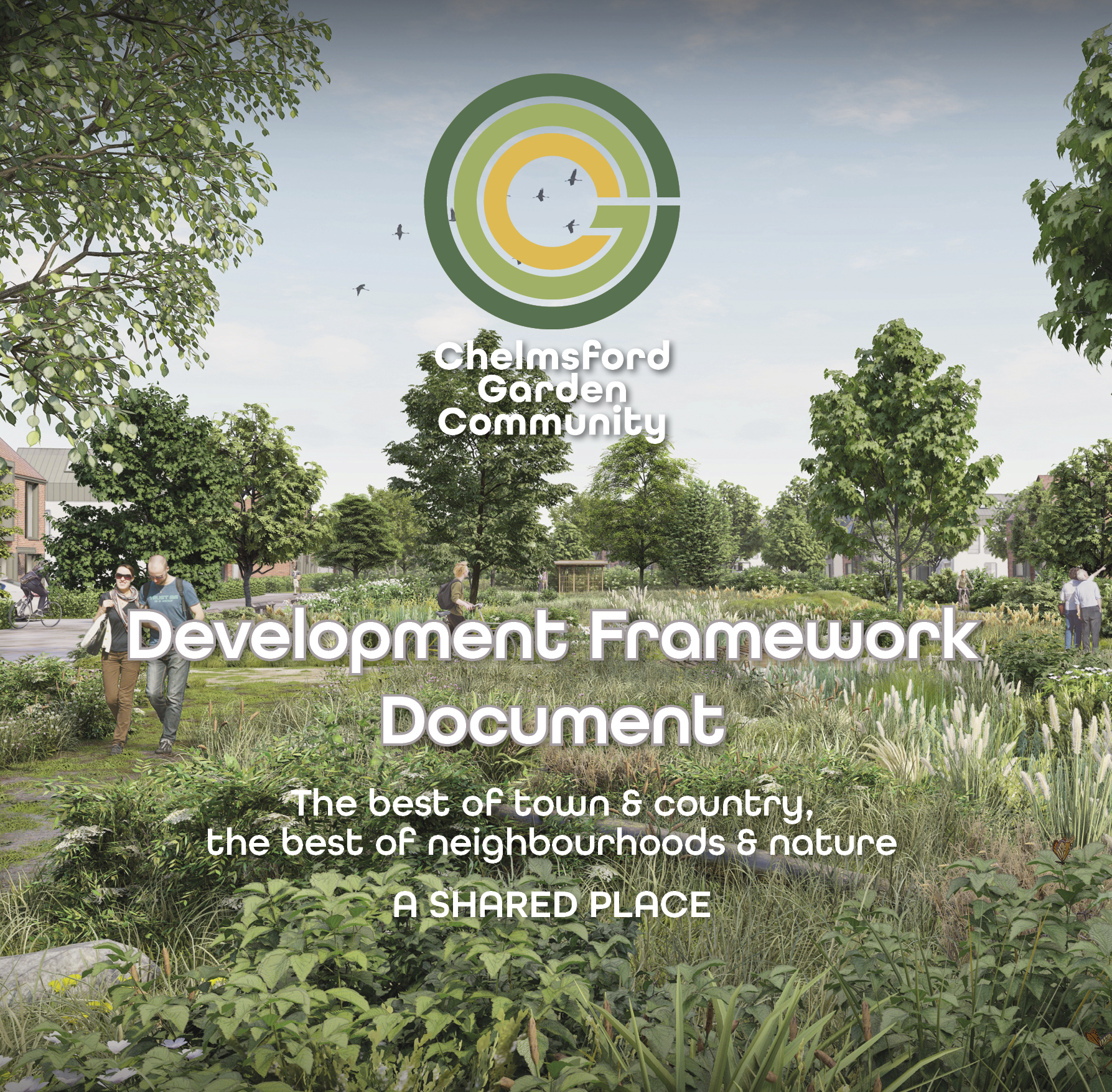 The front cover of the DFD document with a CGI render of the proposed landscape at Chelmsford Community Garden. © JTP