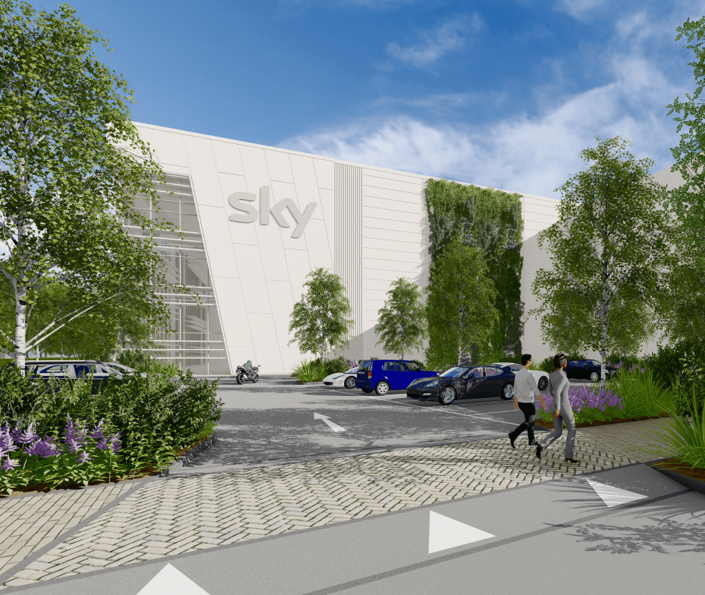 A CGI render of the entrance to Sky Studios Elstree South. © BMD