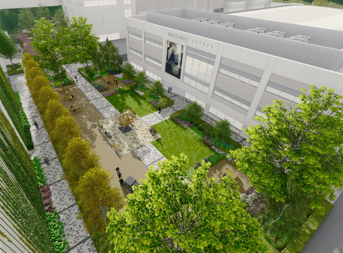 A CGI render of one of the proposed amenity spaces at Sky Studios Elstree South. © BMD