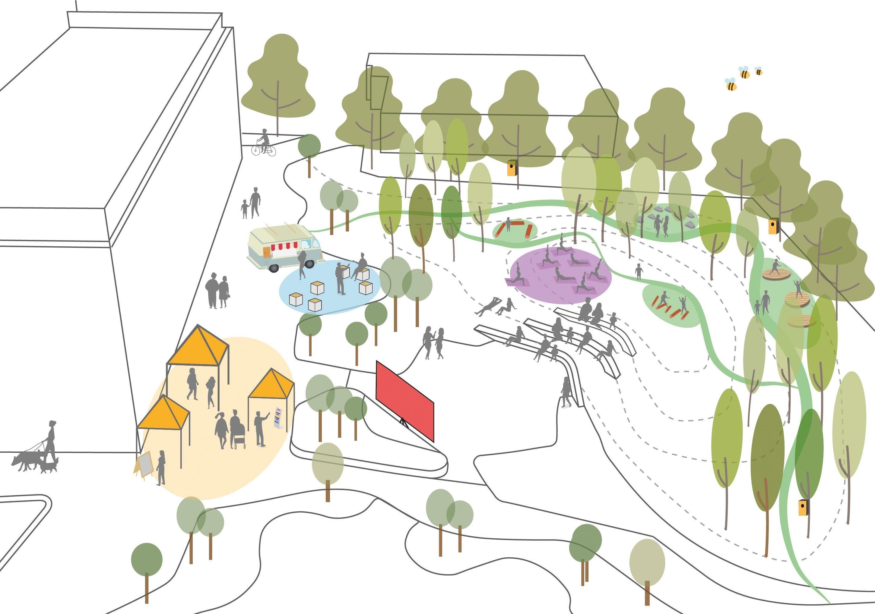 A 3D render showing the outdoor flexible community space. © BMD & James Holyoak A 3D render showing the outdoor flexible community space. © BMD & James Holyoak