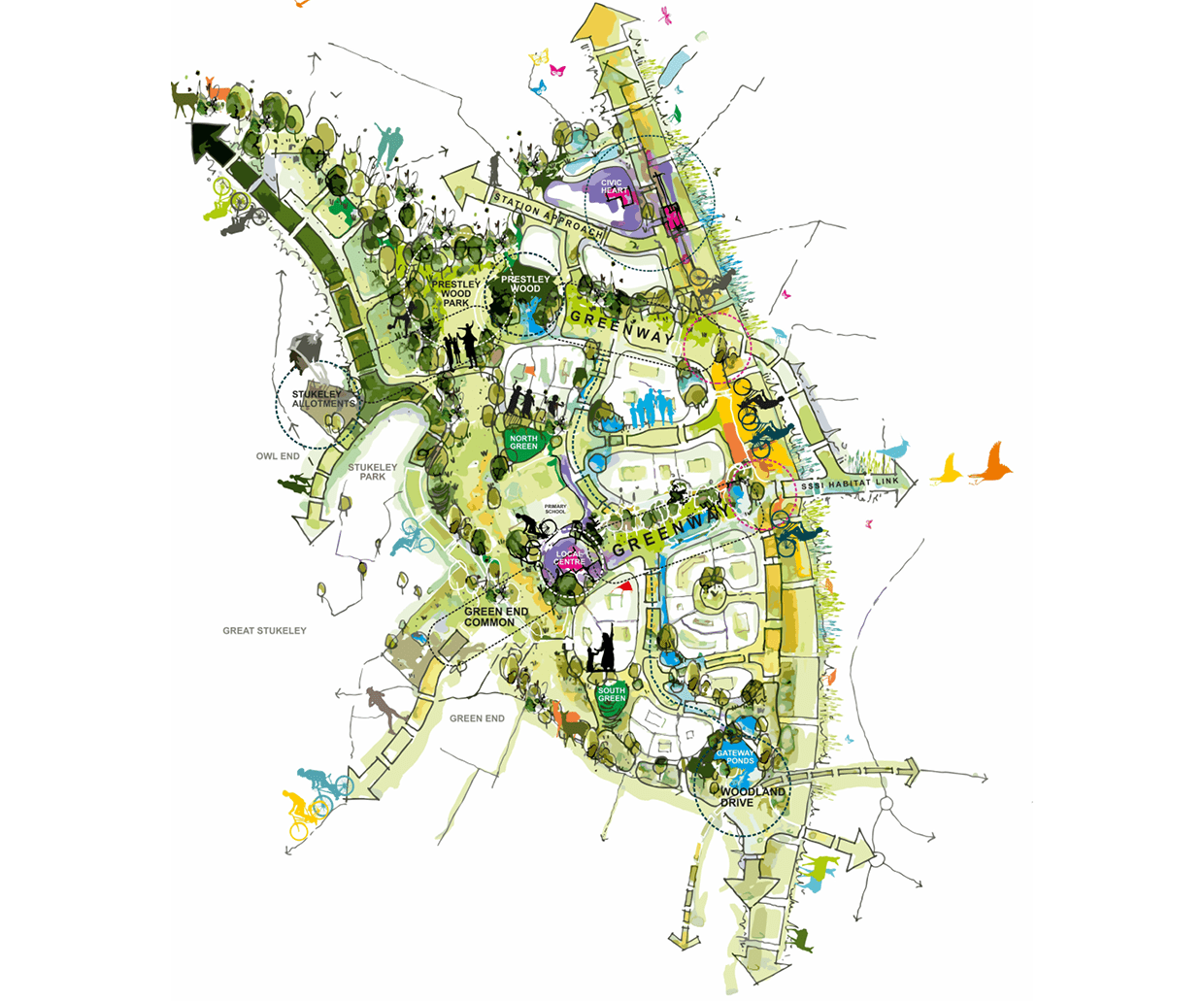 An illustration showing the vision for Grange Farm Country Park. © BMD An illustration showing the vision for Grange Farm Country Park. © BMD