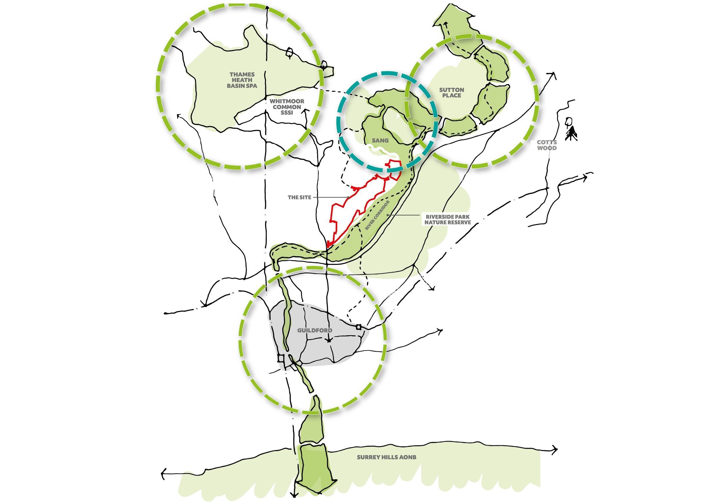 An illustration showing the existing green infrastructure assets in context to the Weyside site. © BMD An illustration showing the existing green infrastructure assets in context to the Weyside site. © BMD