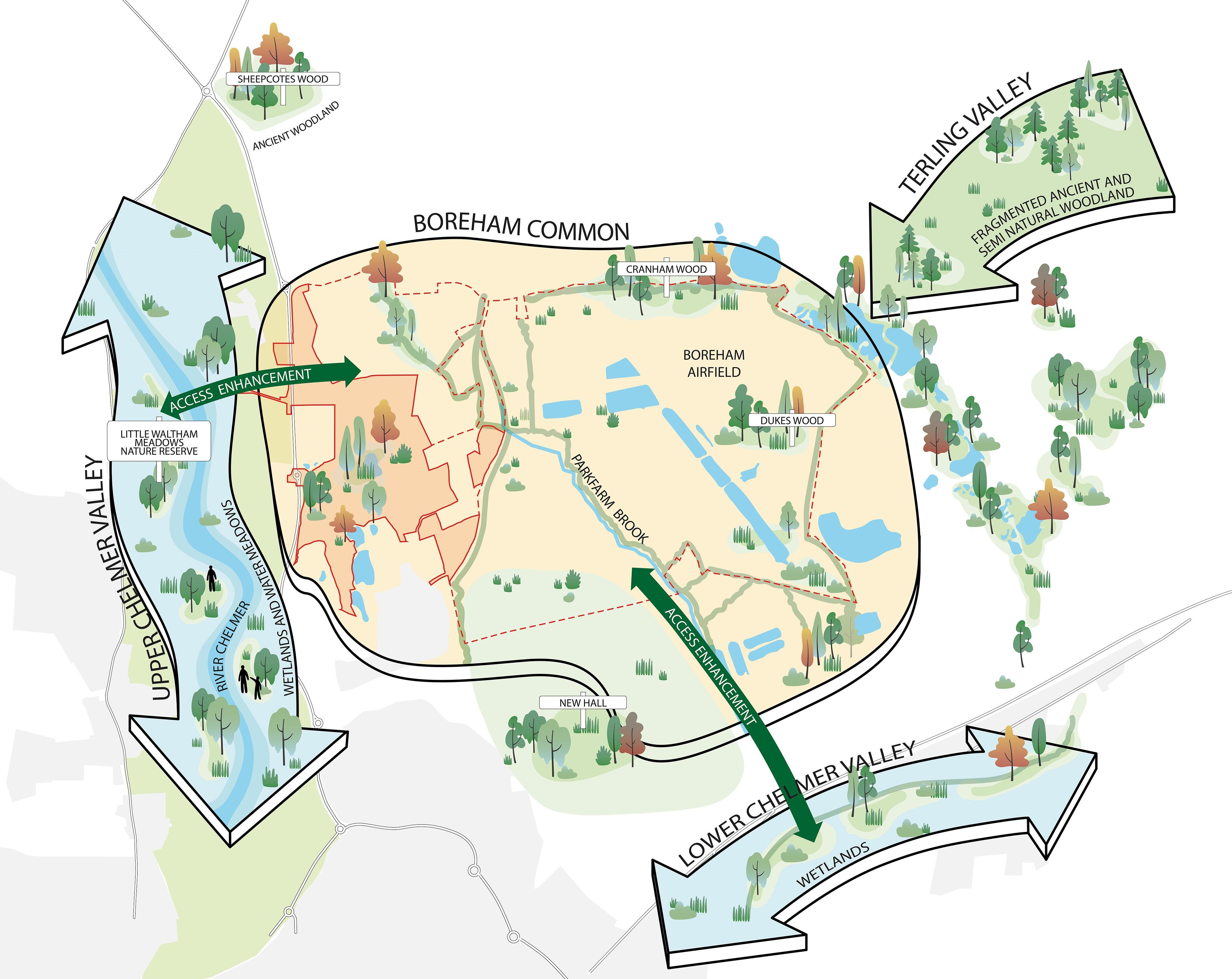 An illustrative diagram showing the connections between parklands at Chelmsford Garden Community. © BMD