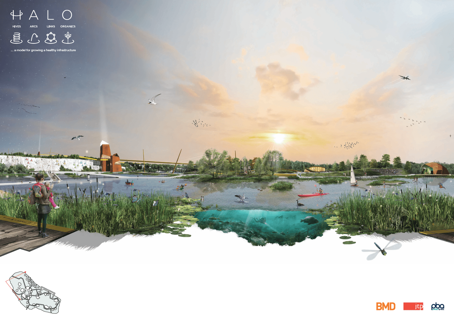 A photomontage of the lakeside development and activities proposed for Ebbsfleet international competition 