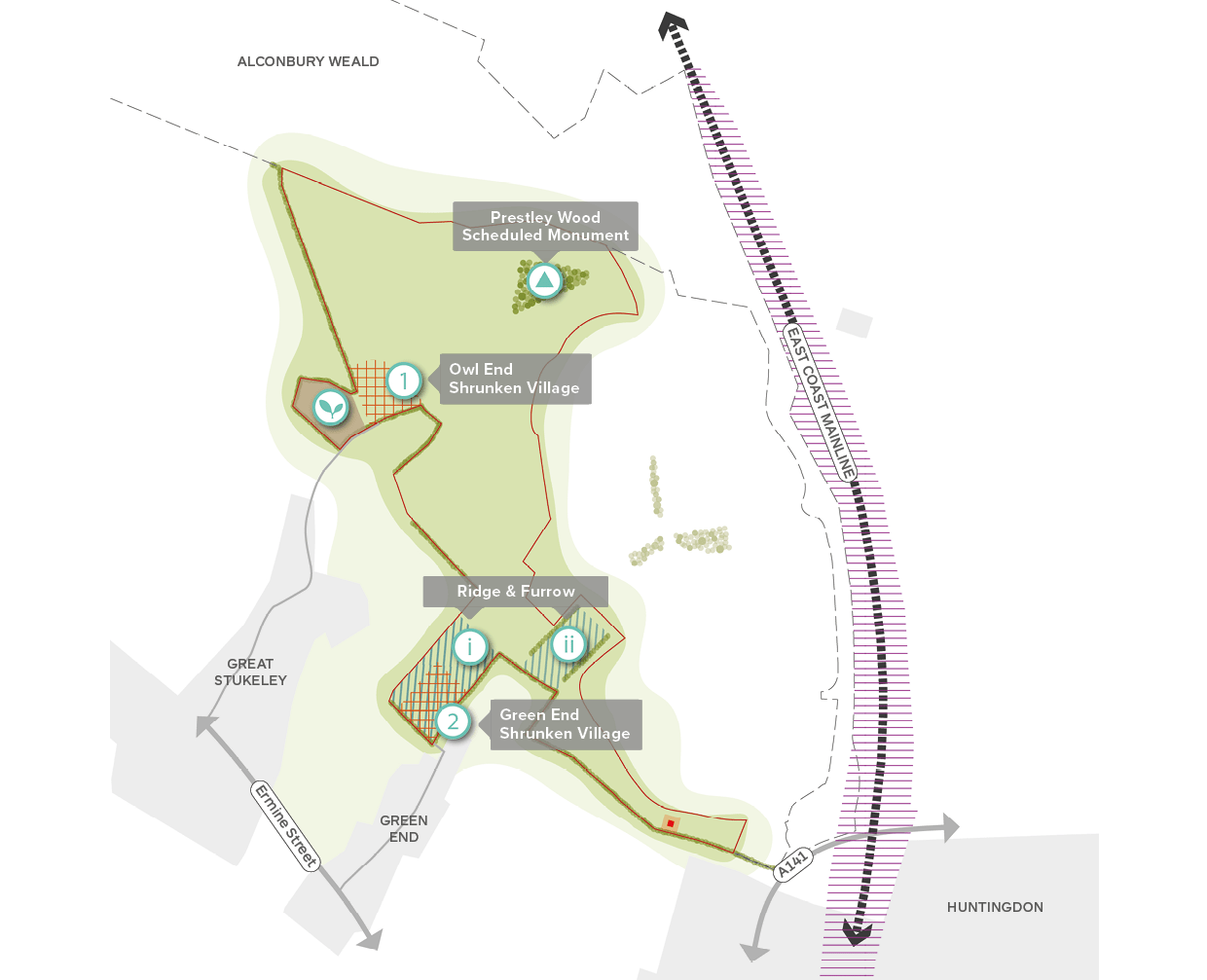 An illustrative plan showing heritage features at Grange Farm. © BMD An illustrative plan showing heritage features at Grange Farm. © BMD