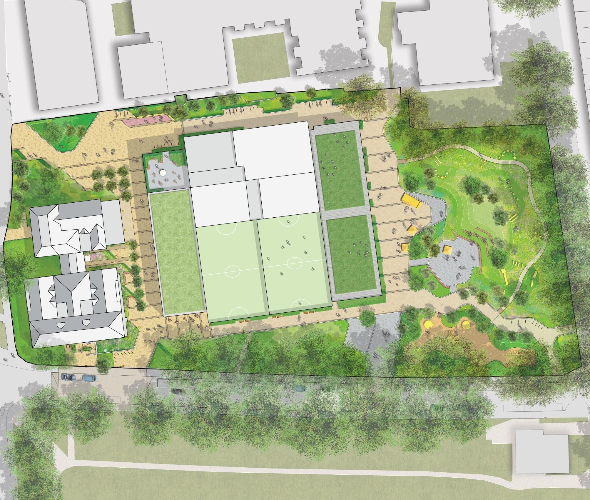 An illustrative masterplan of the new leisure centre and surrounding landscape. © BMD An illustrative masterplan of the new leisure centre and surrounding landscape. © BMD