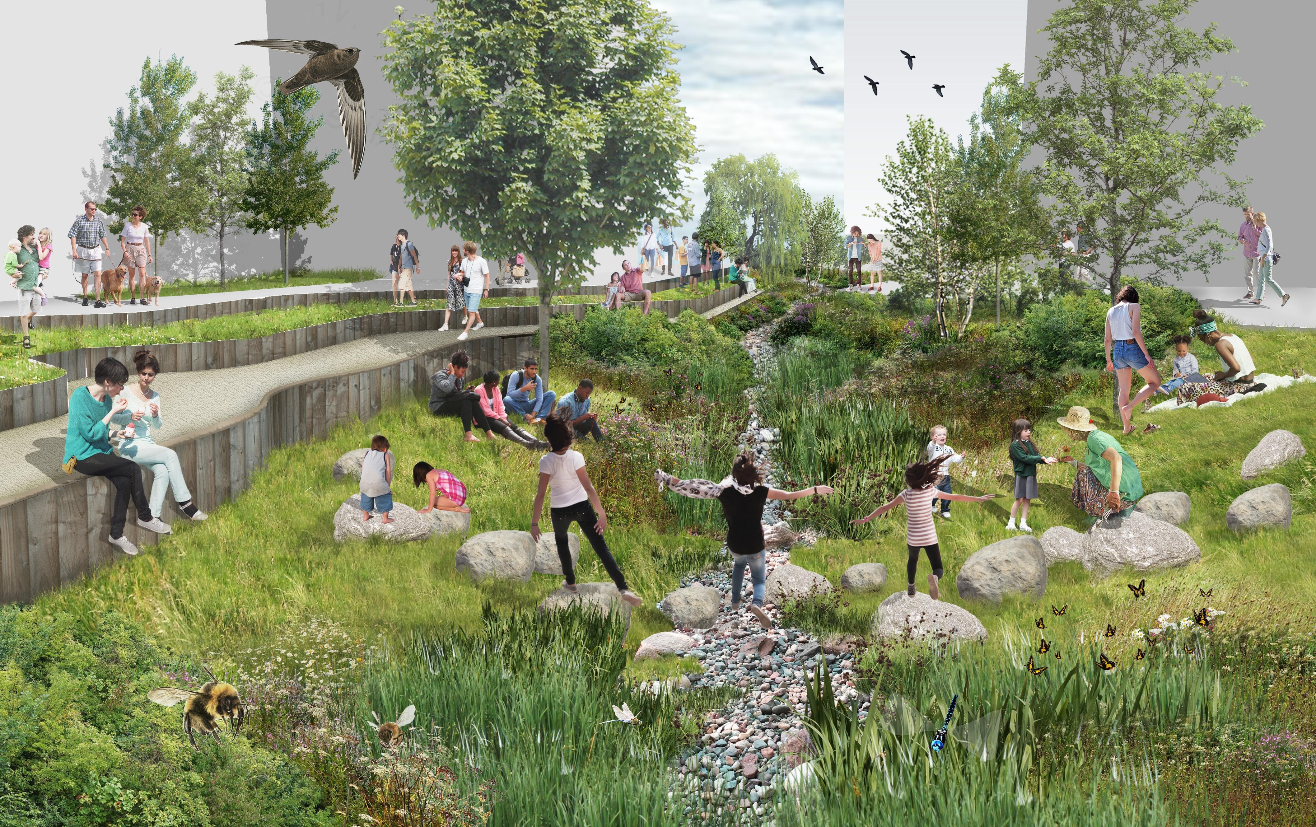 A photomontage showing people interacting and playing within a biodiverse wetland swale. © BMD
