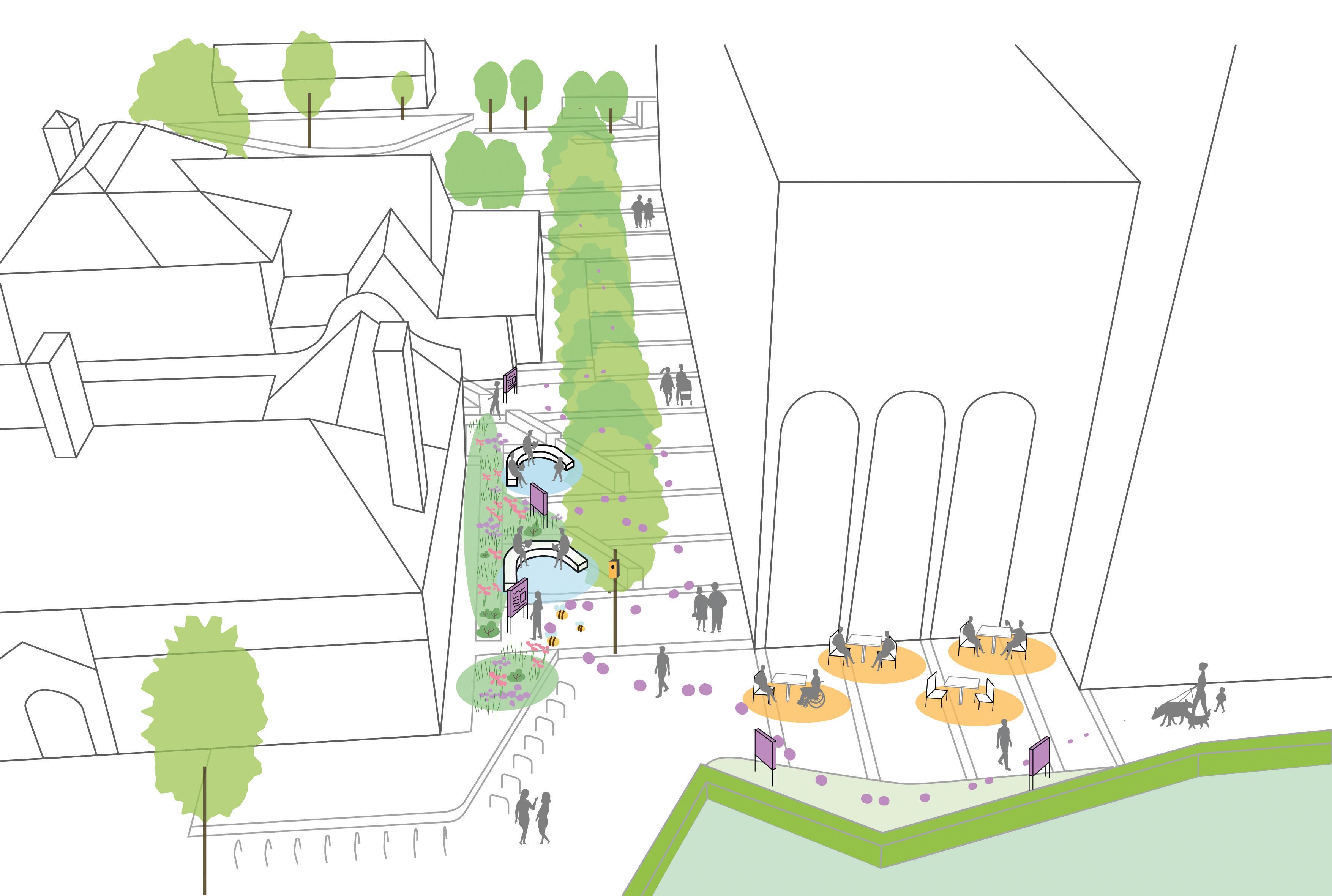 A 3D render showing the 'Green Park' wrapping the proposed leisure centre. © BMD & James Holyoak A 3D render showing the 'Green Park' wrapping the proposed leisure centre. © BMD & James Holyoak
