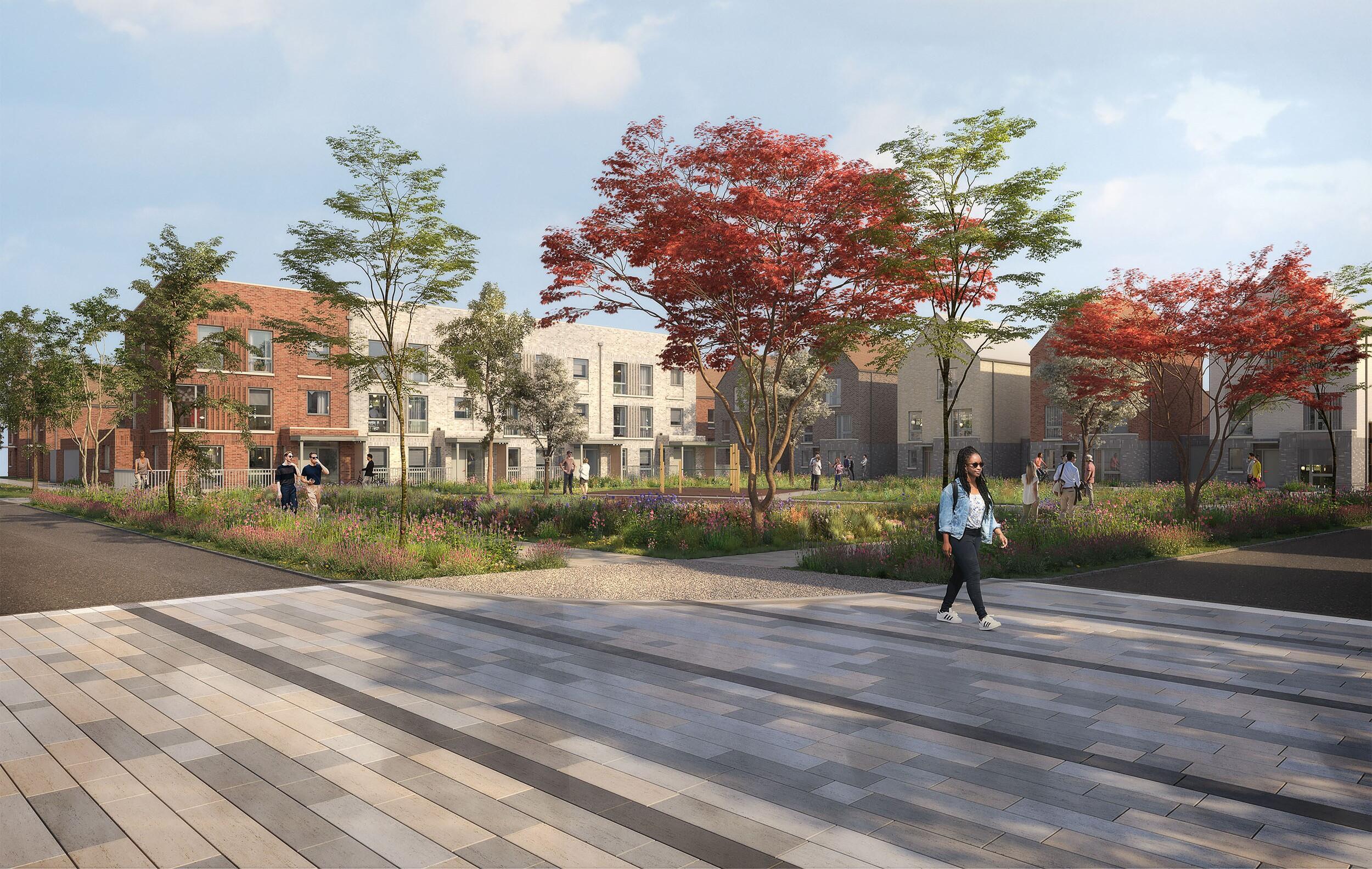 A CGI render of a pedestrian friendly crossing leading to the Titch, a community space with play. © JTP