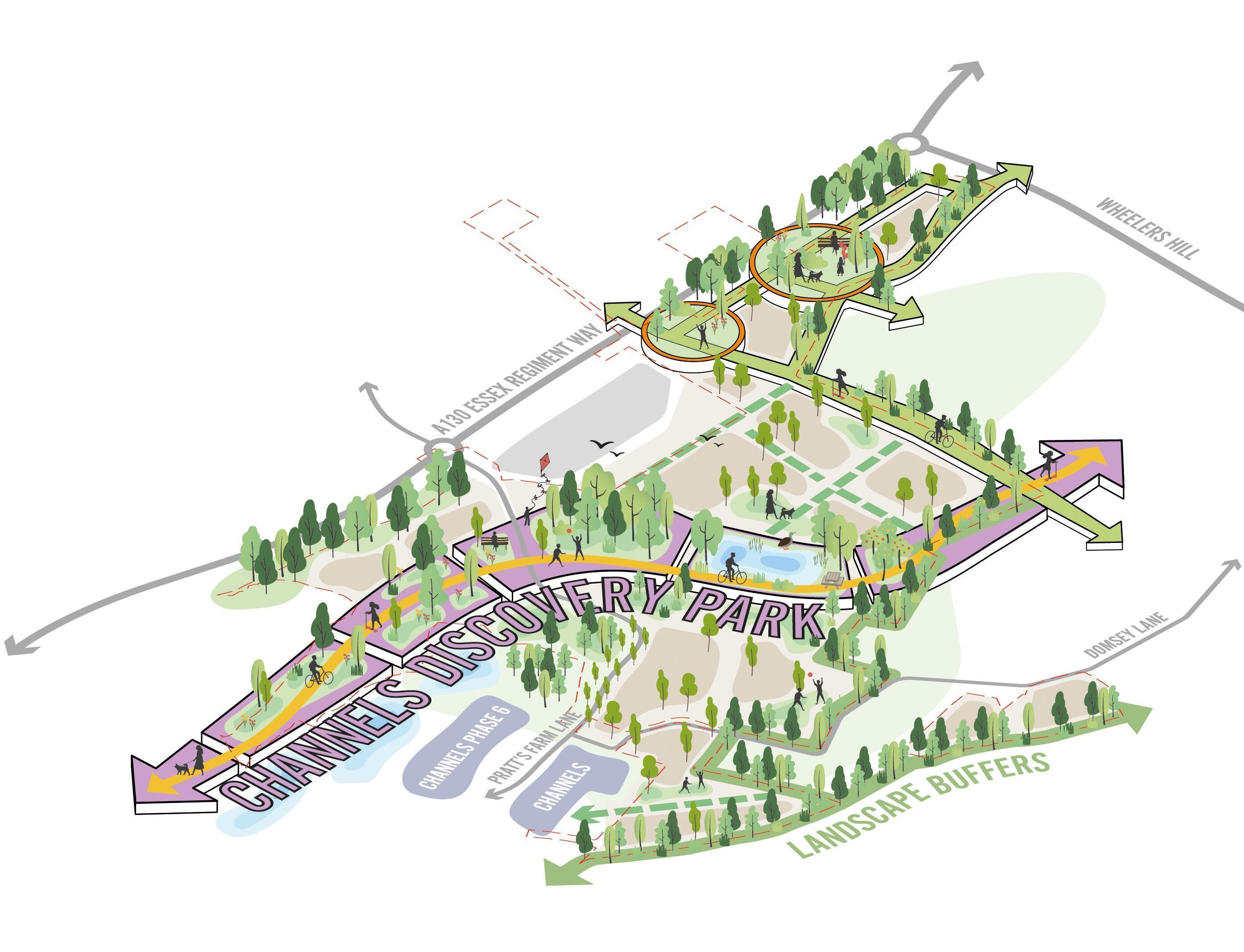 An illustration showing the vision for the discovery park at Chelmsford Garden Community. © BMD
