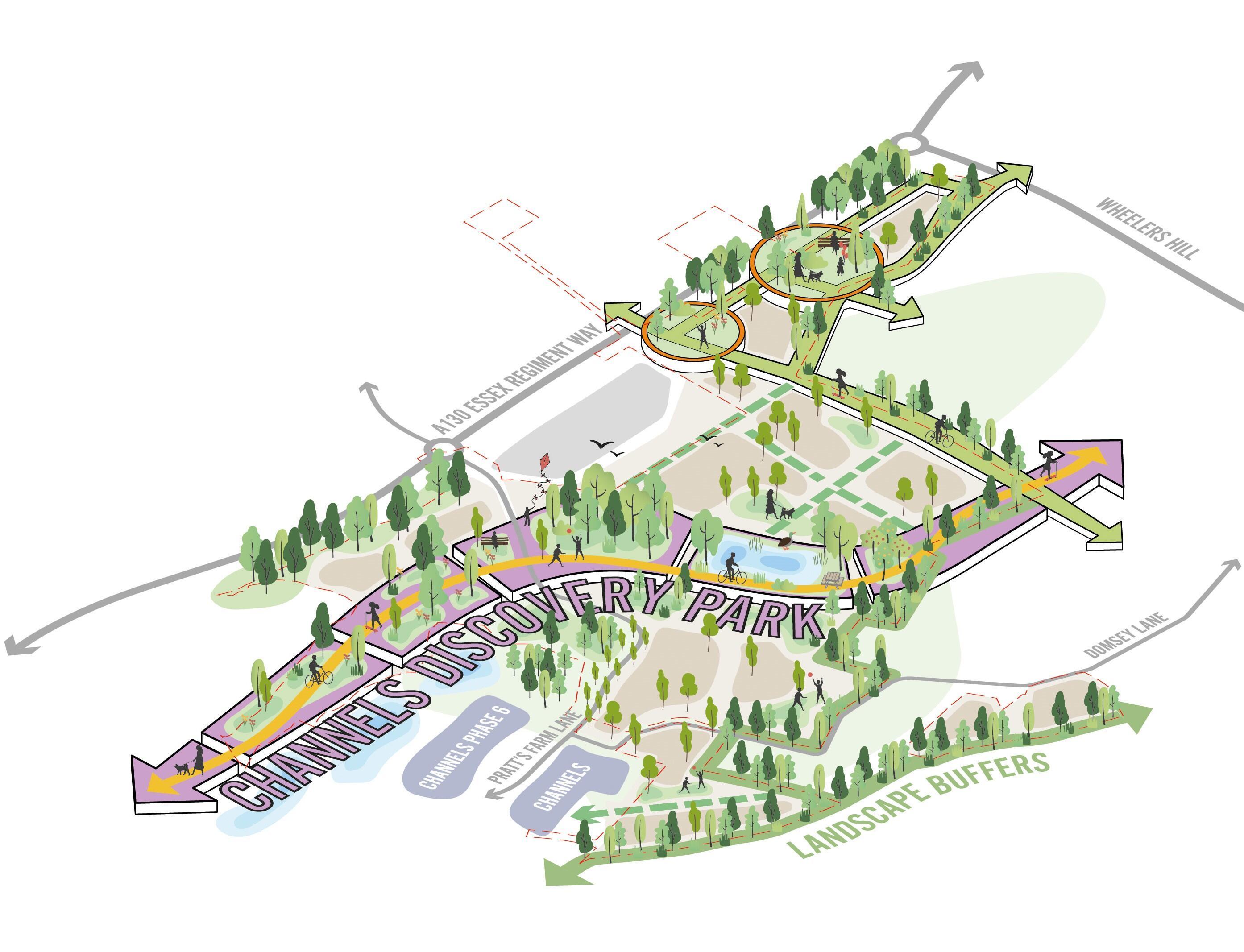 An illustration showing the vision for the discovery park at Chelmsford Garden Community. © BMD An illustration showing the vision for the discovery park at Chelmsford Garden Community. © BMD