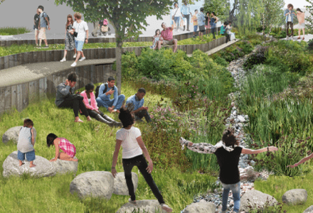 A CGI Render showing a raised pathways that runs alongside an open green space with trees, wetland planting and swale. Children are playing near the swale and families and friends are relaxing along the grass verges.
