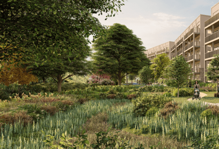 A CGI render of a proposed residential apartment with a multi-use open space featuring informal play spaces and large areas of biodiverse planting.