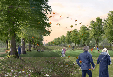 A photomontage of the Ride parkland at Abbey Barn. A historic park lined with mature avenue trees, meadow grass and a large expanse of open recreational space.