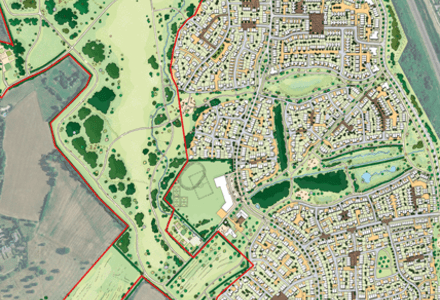 A rendered masterplan of Grange Farm Country Park surrounding proposed residential development