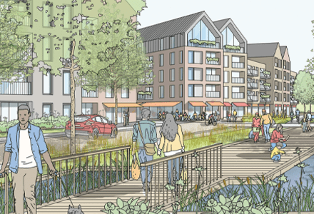 A sketch view of proposed village centre at Weyside, showing main street with walkway over SuDS pond