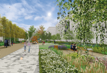 A CGI visual of the formal landscape gardens with trees, hedges and seating within planting