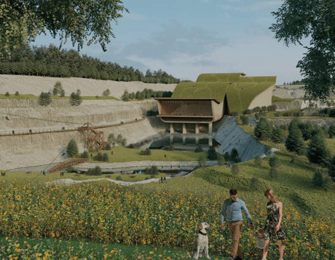 A CGI Render of Valley Ridge Resort. The resort building is proposed within a re-purposed quarry. The valley hosts outdoor adventure spaces with highwires and climbing walls up the valley sides. The valley is flanked by woodlands, green space and planting areas.